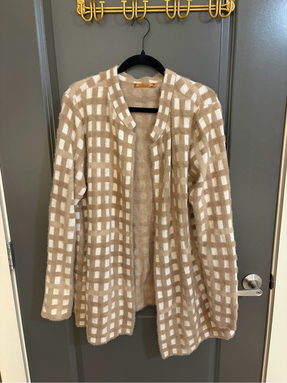 Belldini Beige and White Checked Open Cardigan